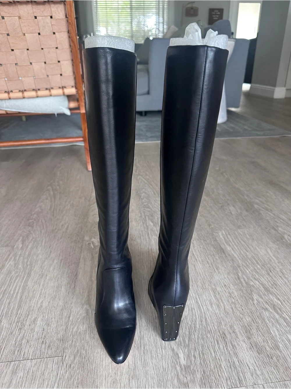 BCBGMAXAZRIA NWT Black Knee-high Leather Boots with Studded Wedge Heel